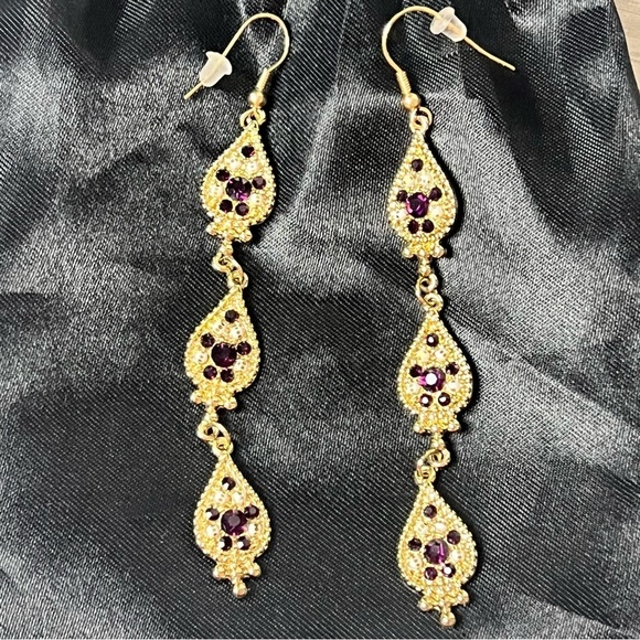 Jewelry - Gold & Purple Stone with White Beaded sparkle Long Earrings